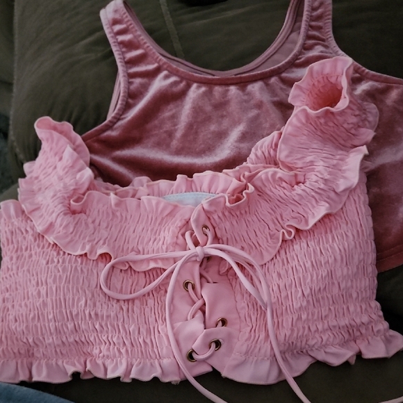 BUNDLE 2 Pink tops! Ruffled Lace-Up Crop Top And Satin Type Other - Picture 2 of 9